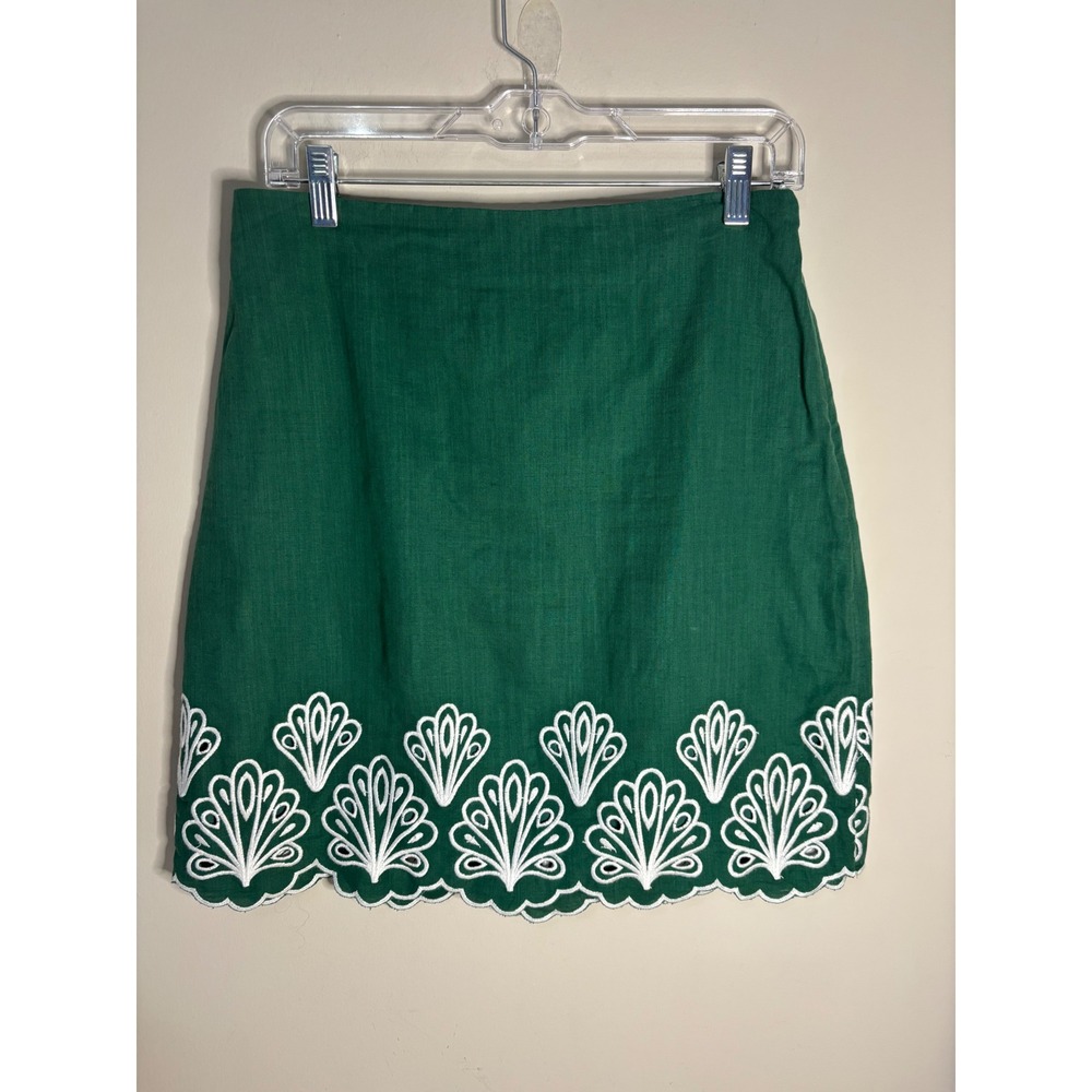 Talbots Green Linen Blend Embroidered Scallop Hem Mini Skirt Size 4 Fan Detail - Picture 2 of 7